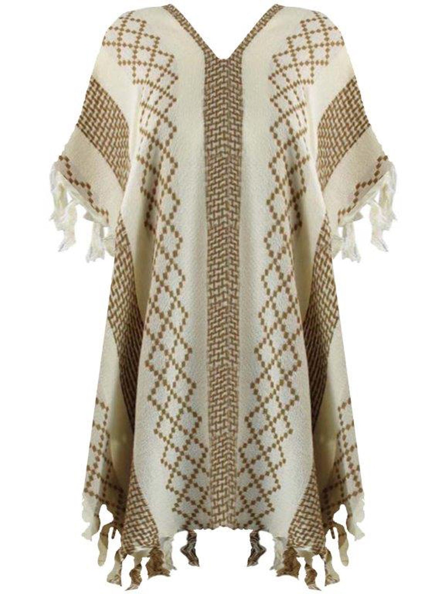 Mixed Pattern Knit Poncho With Tassel Fringe